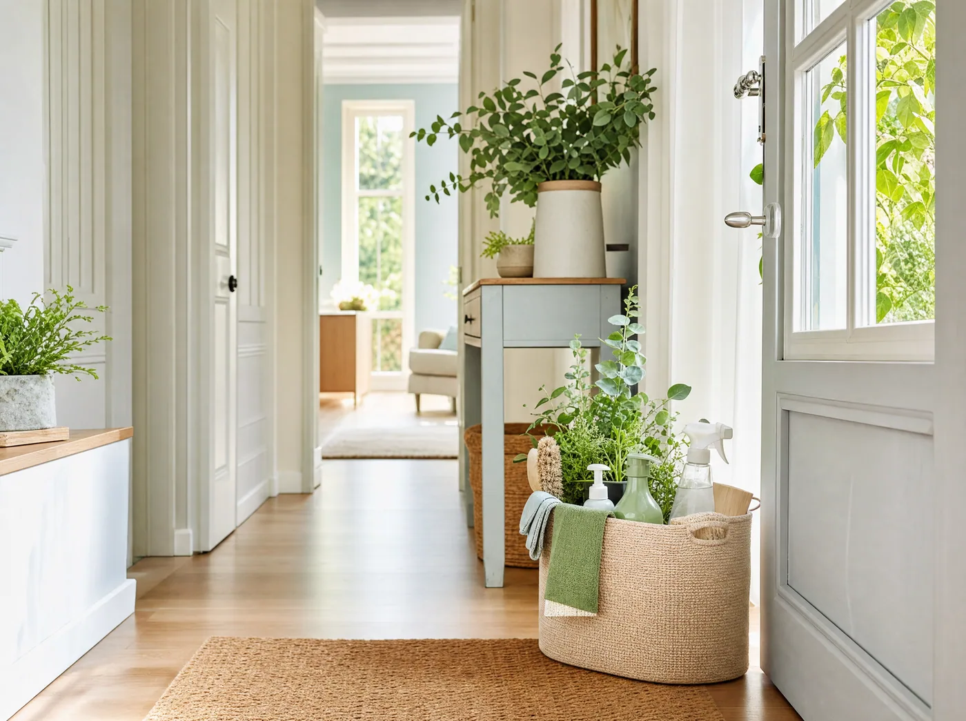 Sparklerite's eco-friendly cleaning supplies ready by the door of a freshly cleaned home
