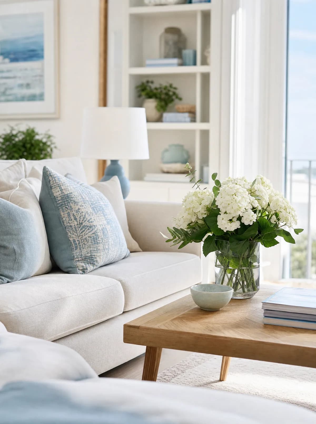 A bright, spotless coastal living room freshly cleaned by Sparklerite