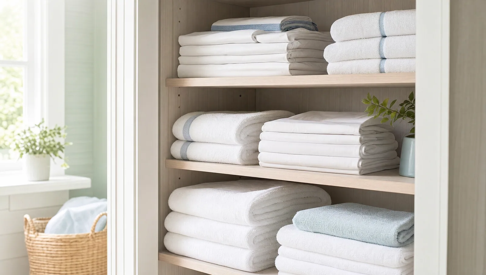 Neatly folded fresh white towels and laundered linen